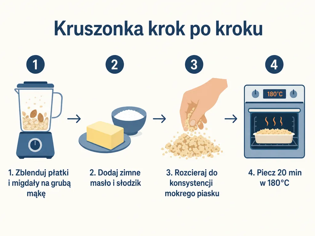 Diagram czterech kroków przygotowania klasycznej kruszonki bez mąki