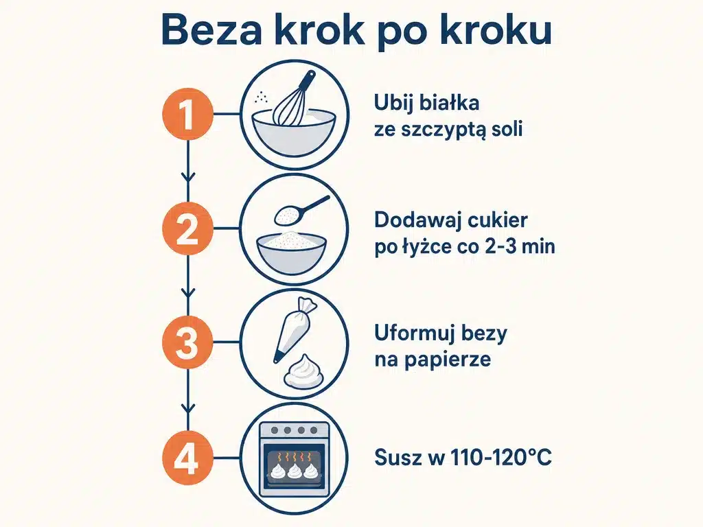 Diagram czterech krok\u00f3w robienia bezy bez m\u0105ki ziemniaczanej: ubijanie bia\u0142ek, dodawanie cukru, formowanie i suszenie