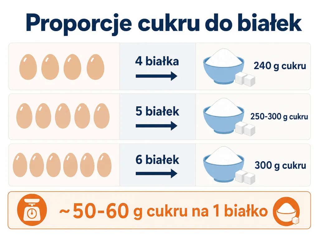 Infografika z przelicznikiem proporcji cukru do bia\u0142ek dla bezy z 4, 5 i 6 bia\u0142ek