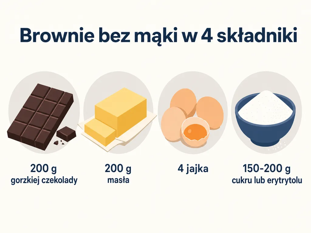 Infografika przedstawiająca 4 bazowe składniki brownie bez mąki z proporcjami