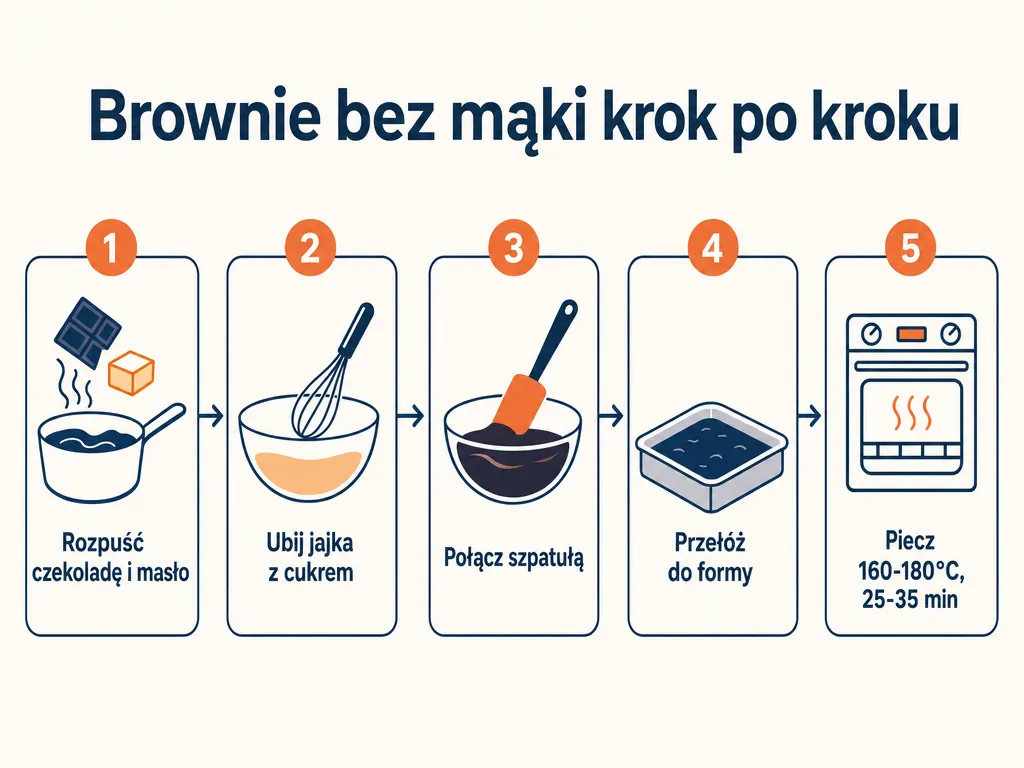 Diagram pięciu kroków pieczenia brownie bez mąki od rozpuszczenia czekolady do pieczenia