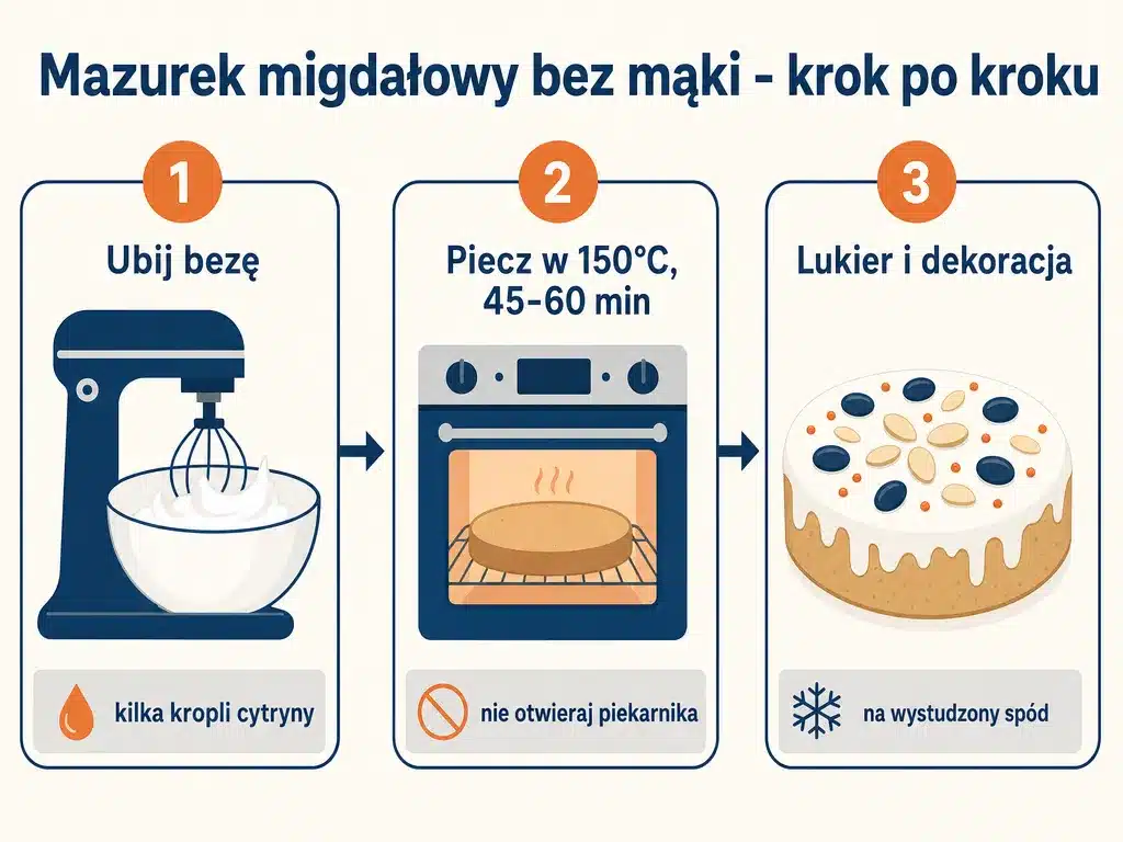Diagram trzech kroków przygotowania mazurka migdałowego bez mąki: ubicie bezy, pieczenie w 150°C i dekoracja lukrem