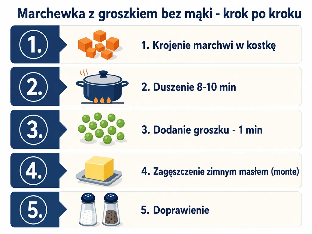 Diagram krok po kroku jak zrobić marchewkę z groszkiem bez mąki w pięciu etapach