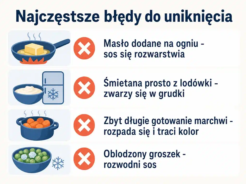 Infografika z listą najczęstszych błędów przy przygotowaniu marchewki z groszkiem bez mąki