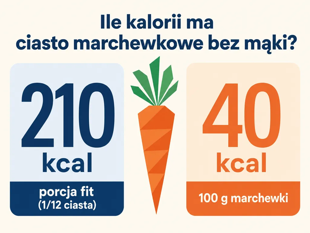 Infografika porównująca kalorie ciasta marchewkowego bez mąki i surowej marchewki