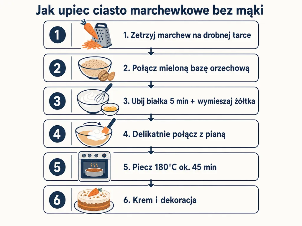 Diagram sześciu kroków pieczenia ciasta marchewkowego bez mąki