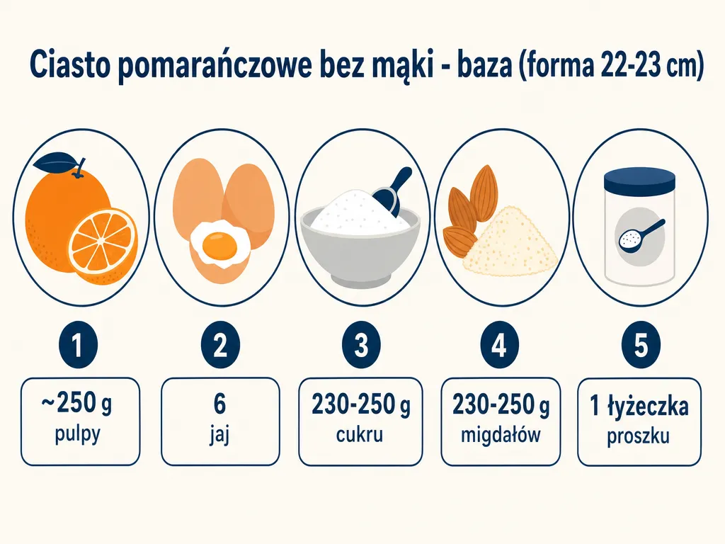 Infografika przedstawiająca 5 podstawowych składników ciasta pomarańczowego bez mąki z proporcjami na formę 22-23 cm