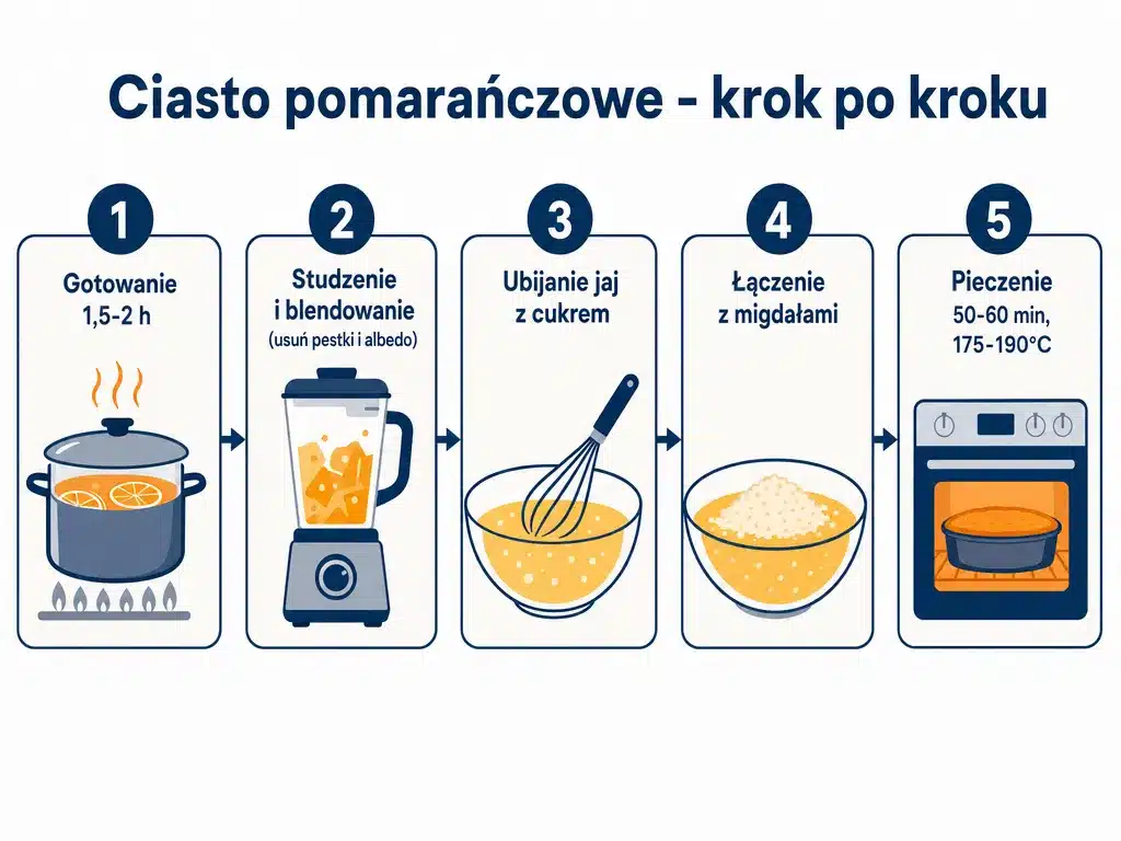 Diagram procesu przygotowania ciasta pomarańczowego bez mąki w 5 krokach od gotowania owoców do pieczenia