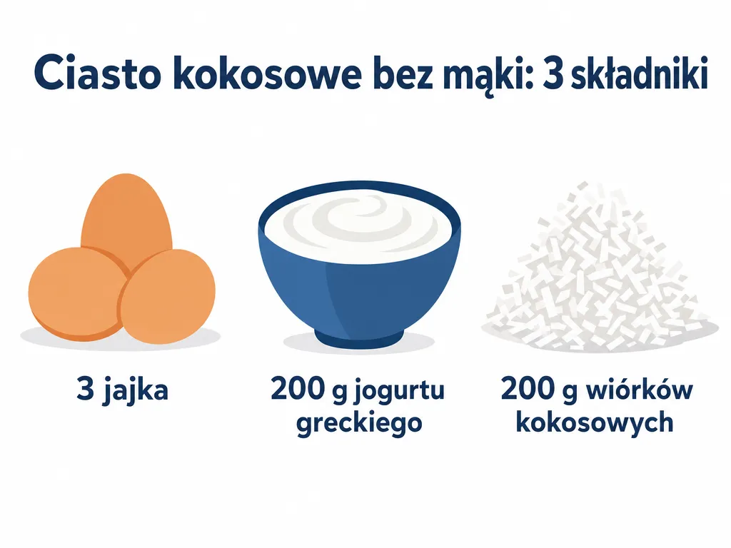 Infografika przedstawiająca 3 składniki ciasta kokosowego bez mąki: jajka, jogurt grecki i wiórki kokosowe