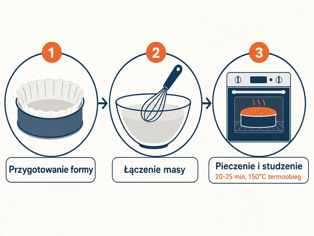 Diagram krok po kroku pieczenia ciasta kokosowego bez mąki: przygotowanie formy, łączenie masy, pieczenie i studzenie