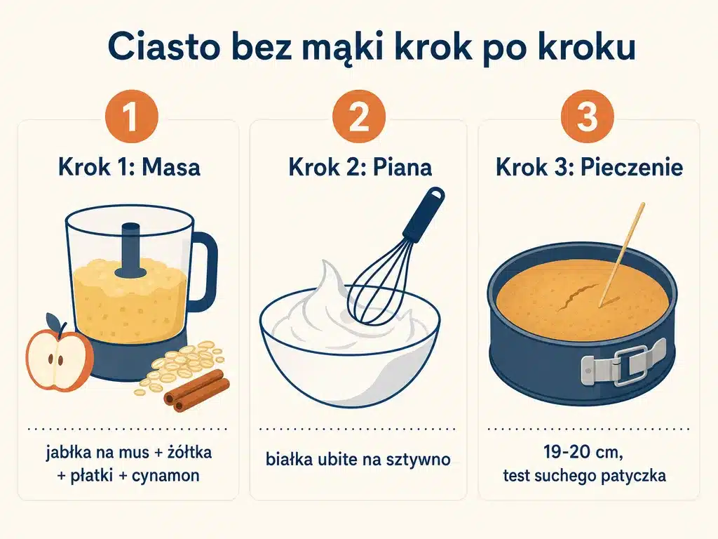 Infografika przedstawiająca trzy kroki przygotowania ciasta z jabłkami bez mąki: masa, piana z białek, pieczenie