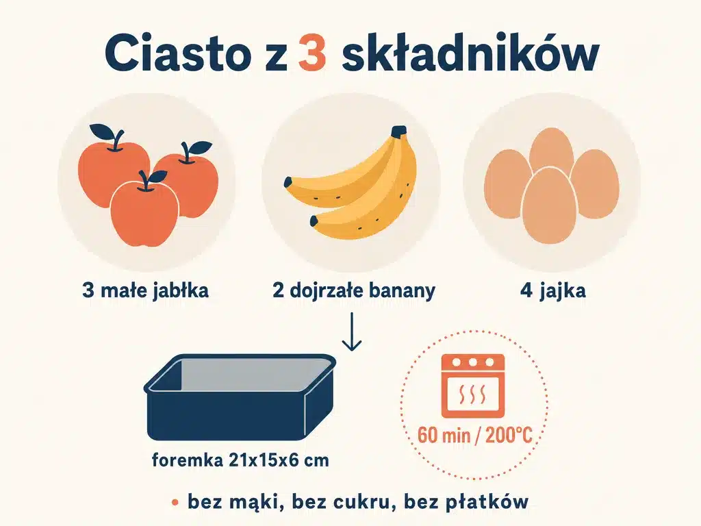 Infografika wersji ciasta z jabłkami z trzech składników: 3 jabłka, 2 banany, 4 jajka oraz czas pieczenia
