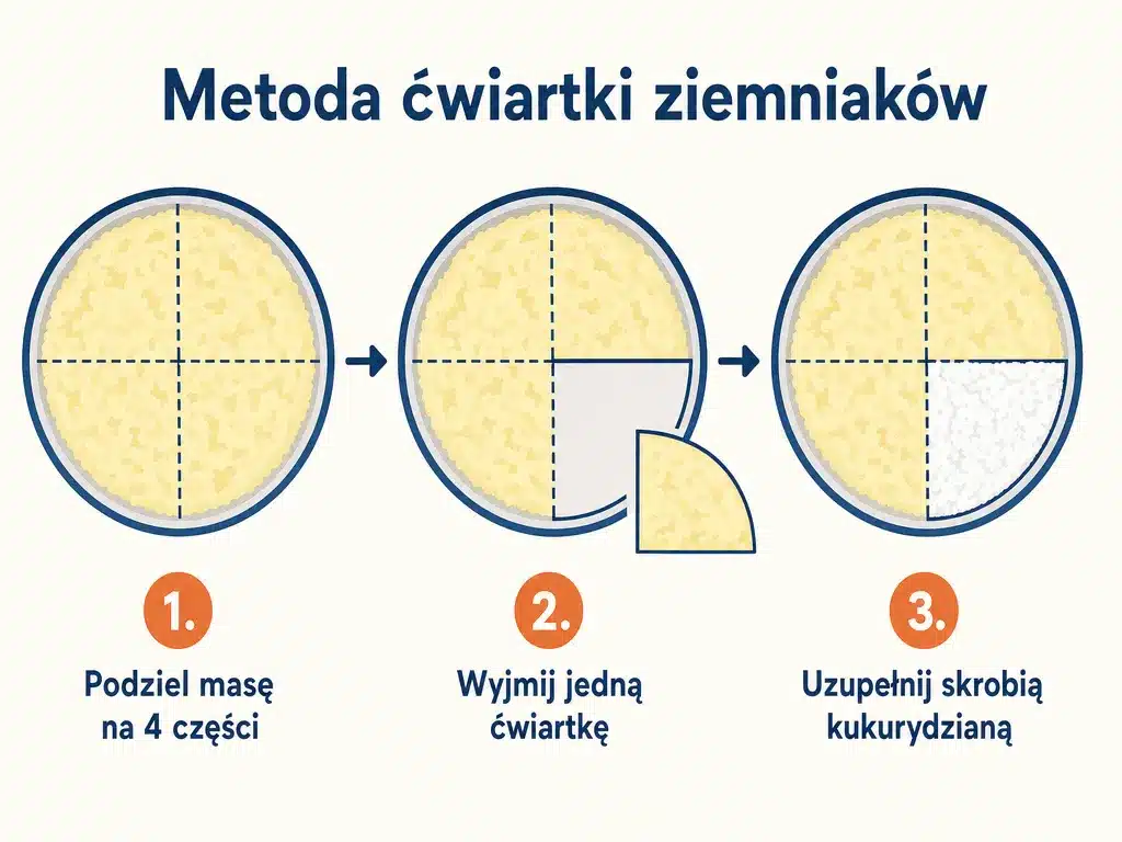 Diagram metody ćwiartki ziemniaków: podział masy na cztery części i uzupełnienie jednej ćwiartki skrobią kukurydzianą