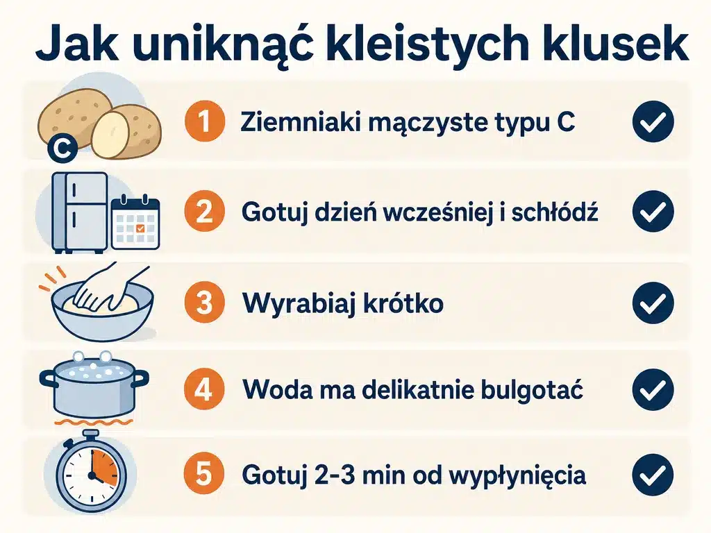 Wizualna checklista pięciu zasad, dzięki którym kluski śląskie nie będą kleiste ani się nie rozpadną
