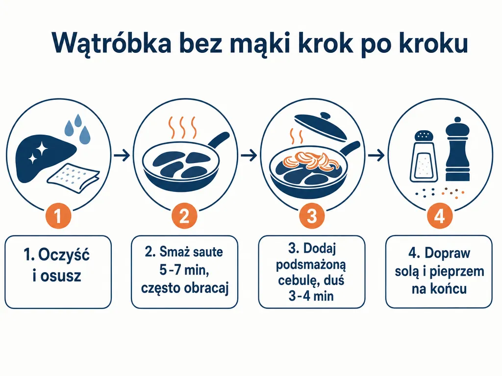 Diagram czterech kroków przygotowania wątróbki drobiowej bez mąki