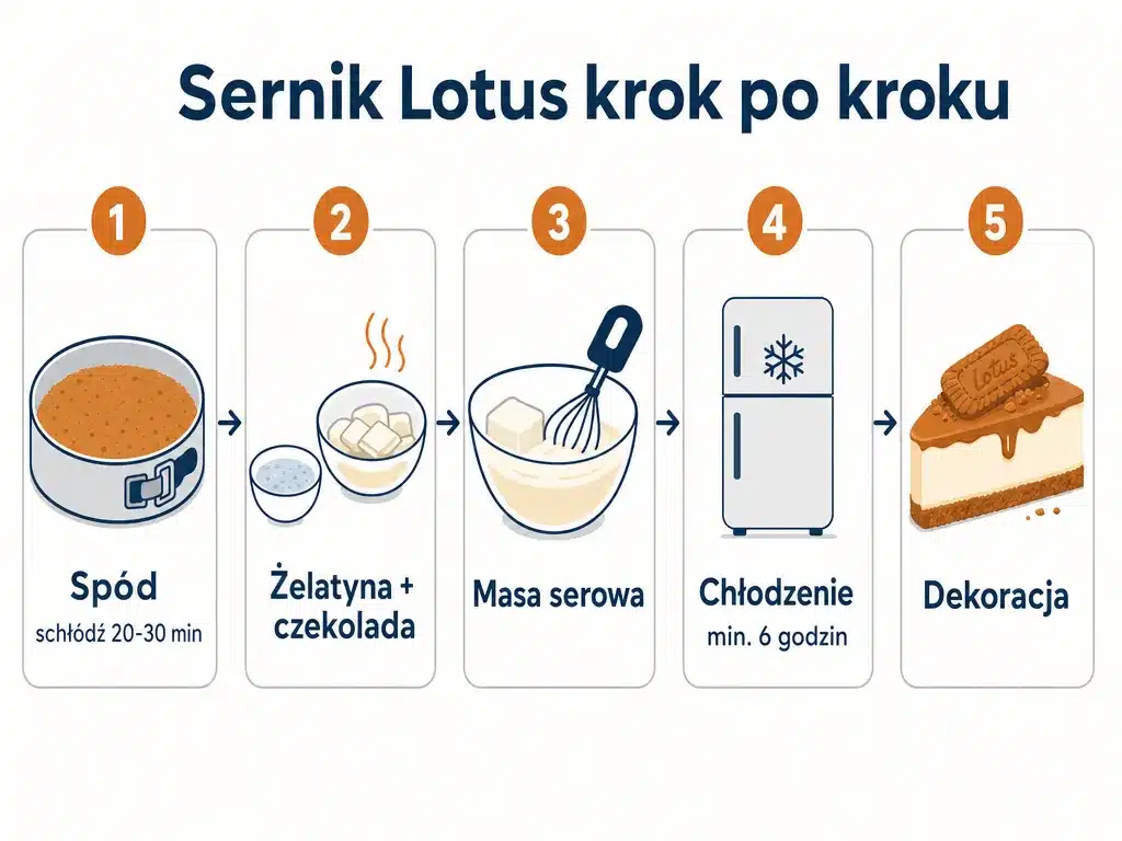 Diagram pięciu kroków przygotowania sernika Lotus bez pieczenia