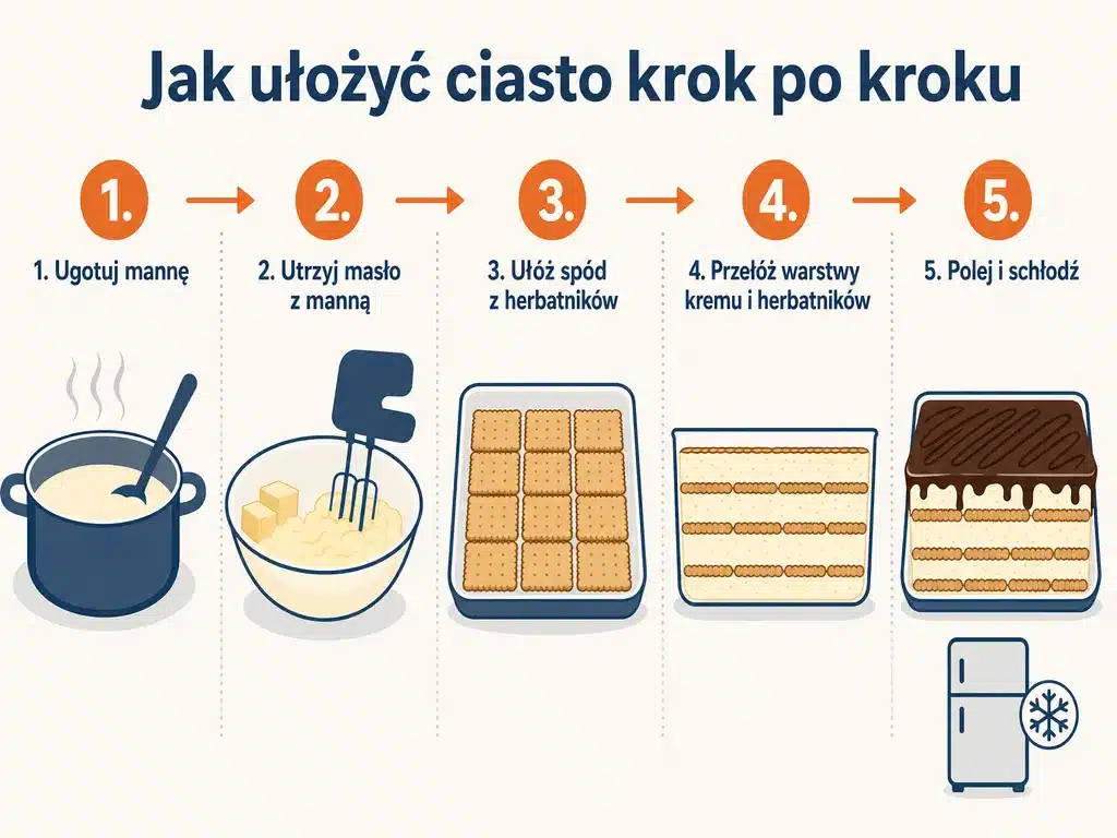 Diagram pięciu kroków przygotowania ciasta bez pieczenia z herbatnikami
