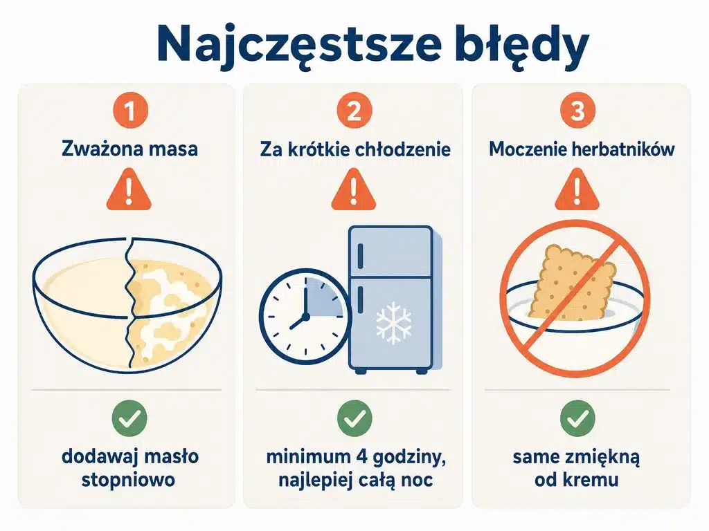 Infografika z trzema najczęstszymi błędami przy cieście bez pieczenia i sposobami ich uniknięcia
