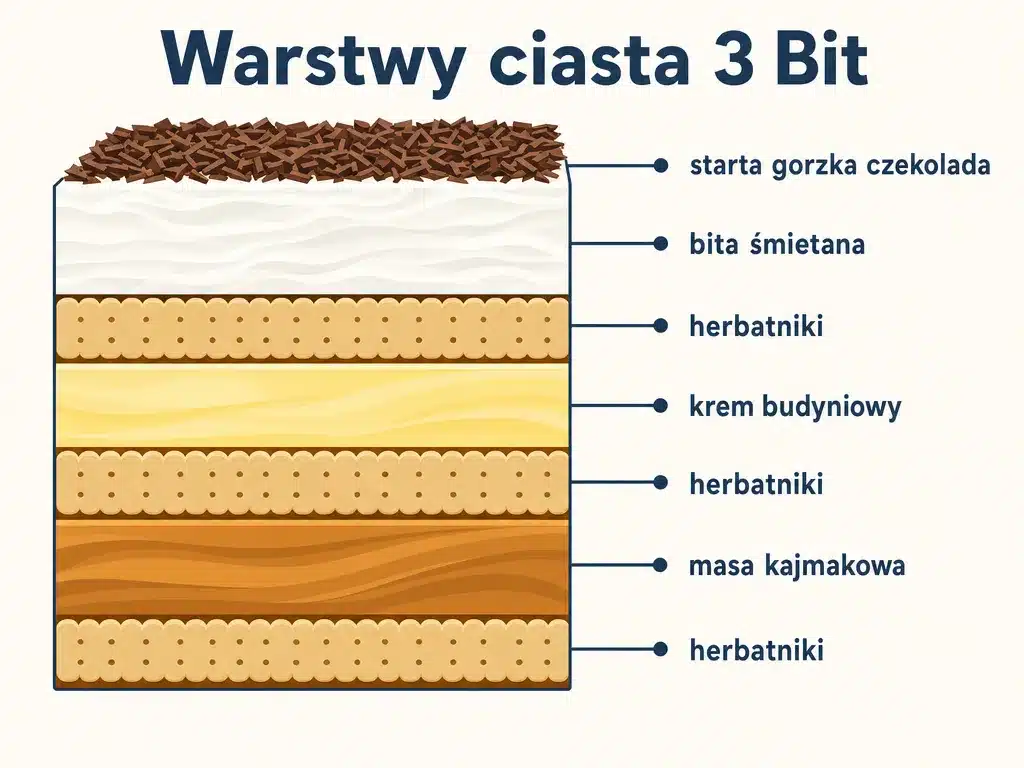 Infografika przekroju ciasta 3 Bit pokazująca kolejność warstw: herbatniki, masa kajmakowa, krem budyniowy, bita śmietana i starta czekolada