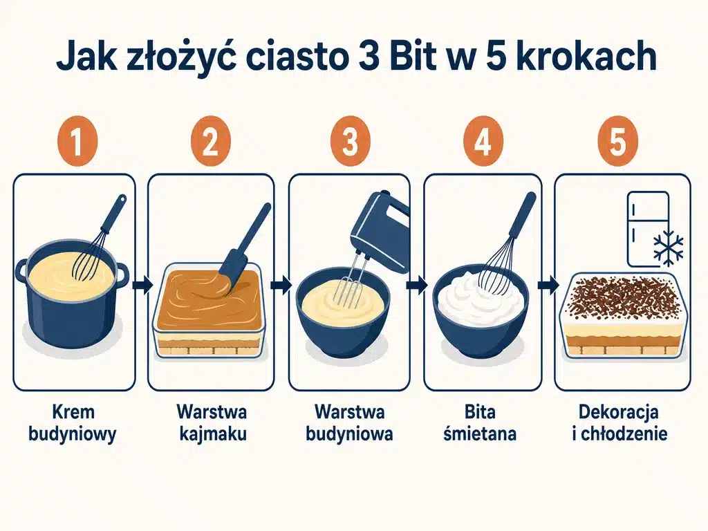 Diagram pięciu kroków przygotowania ciasta 3 Bit od kremu budyniowego po dekorację i chłodzenie