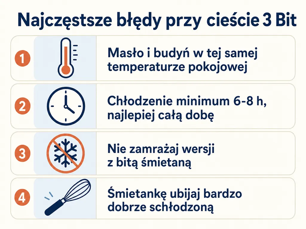 Infografika z checklistą najczęstszych błędów przy cieście 3 Bit: temperatura składników, czas chłodzenia, mrożenie i ubijanie śmietany
