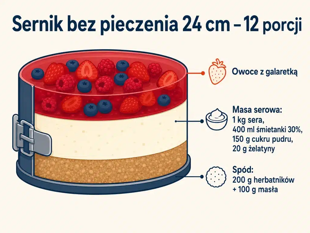 Przekrój sernika bez pieczenia z trzema warstwami i gramaturami składników dla tortownicy 24 cm