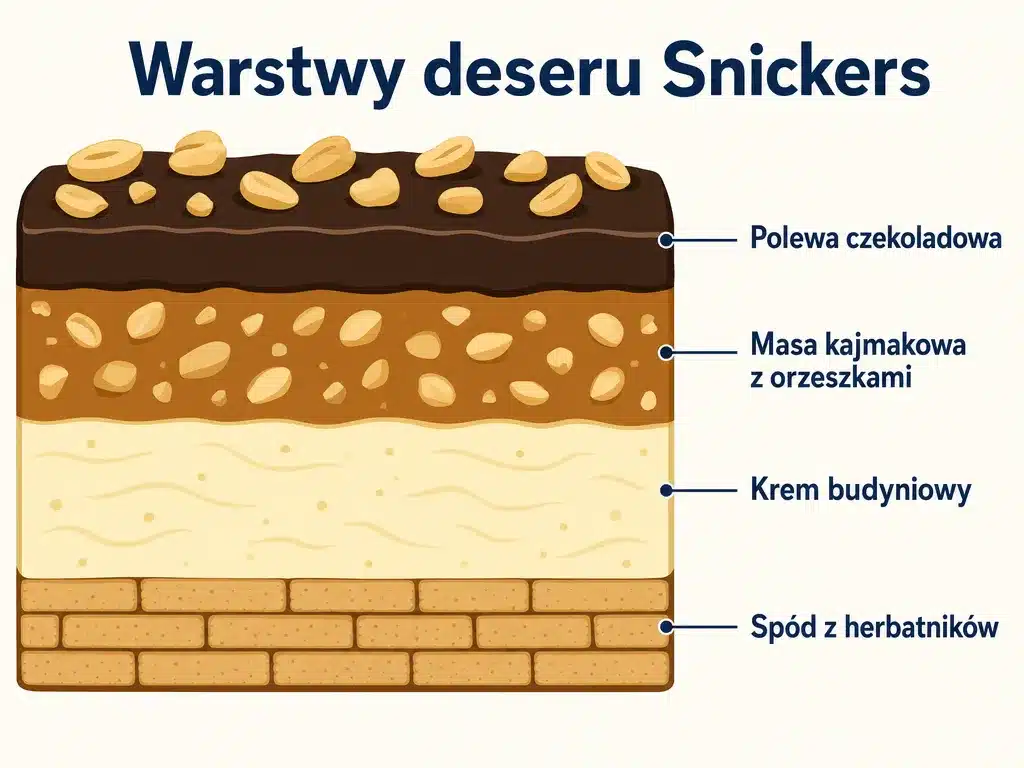 Infografika przekroju deseru Snickers bez pieczenia z czterema warstwami: spód z herbatników, krem budyniowy, masa kajmakowa z orzeszkami i polewa czekoladowa