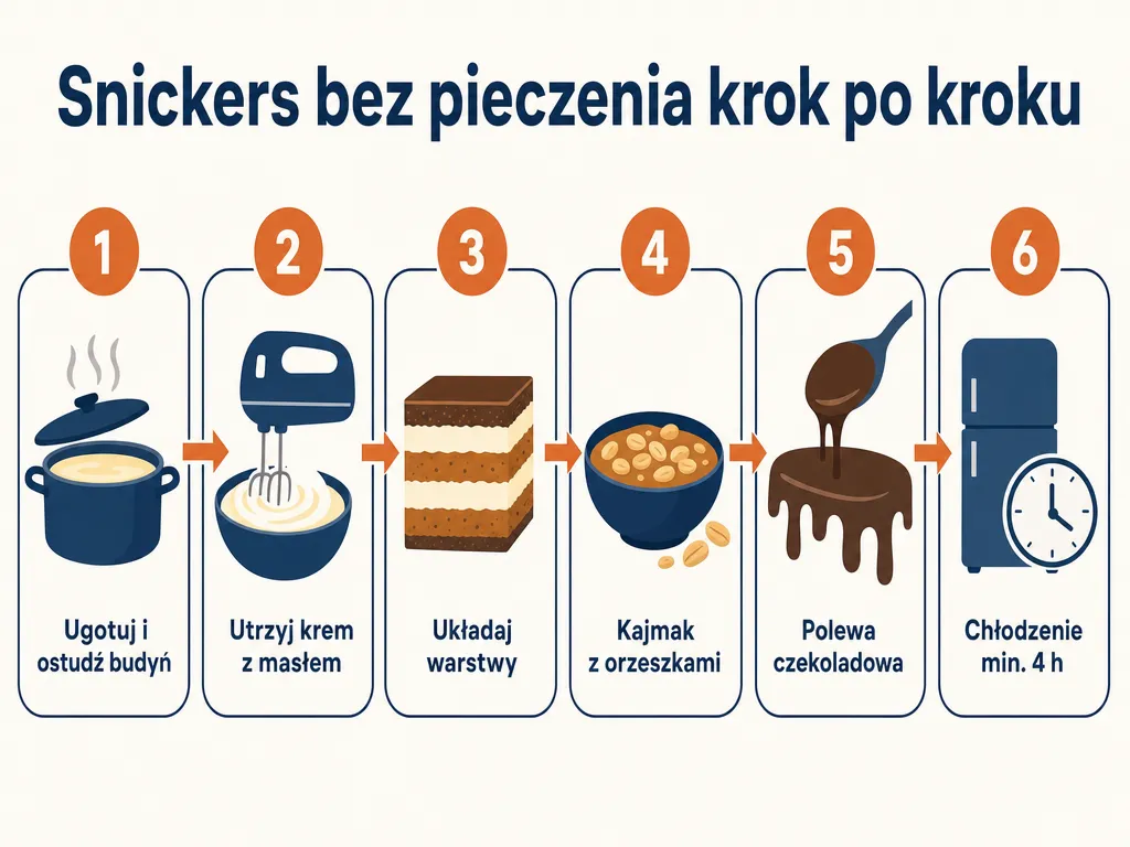 Diagram sześciu kroków przygotowania Snickersa bez pieczenia: budyń, krem z masłem, układanie warstw, kajmak z orzeszkami, polewa i chłodzenie