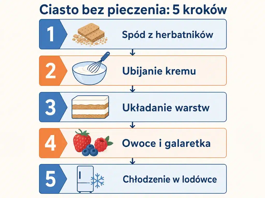 Diagram pięciu kroków przygotowania ciasta bez pieczenia z mascarpone