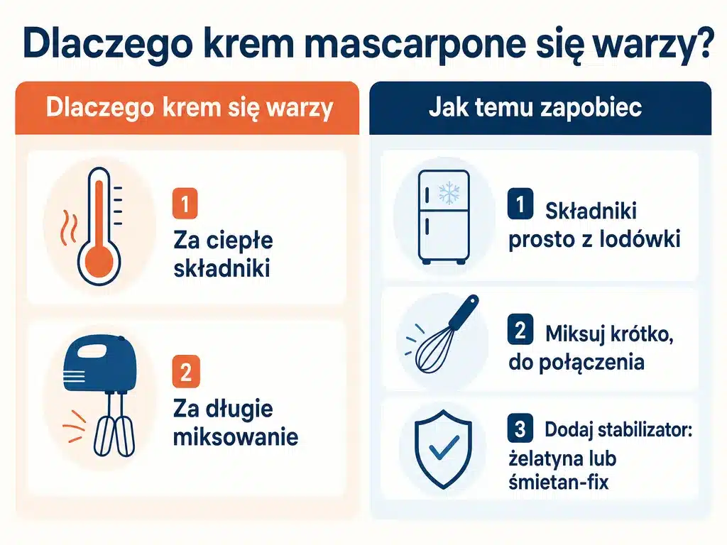 Infografika wyjaśniająca przyczyny warzenia się kremu mascarpone i jak temu zapobiec
