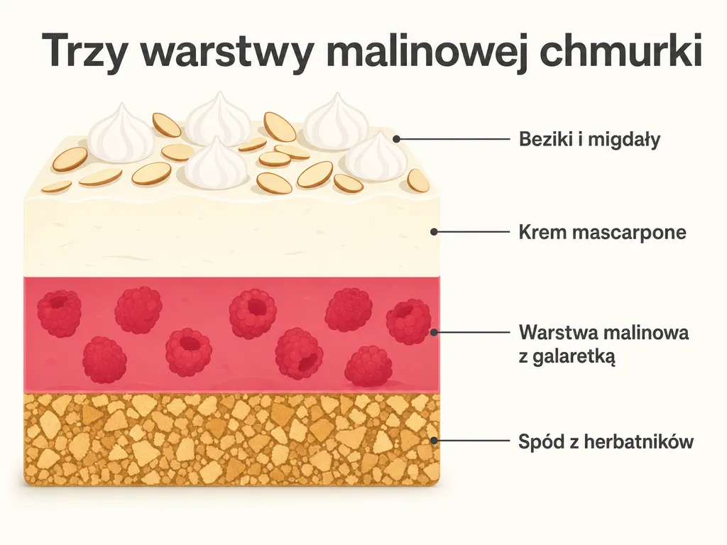 Diagram przekroju malinowej chmurki pokazujący trzy warstwy: spód z herbatników, warstwę malinową z galaretką i krem mascarpone