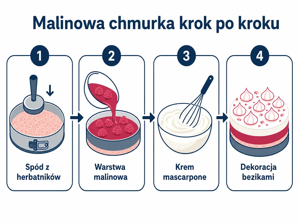 Diagram czterech kroków przygotowania malinowej chmurki: spód, warstwa malinowa, krem i dekoracja