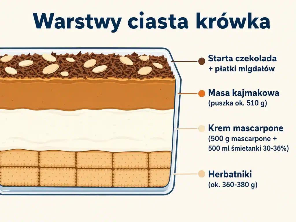 Infografika pokazująca warstwy ciasta krówka bez pieczenia: herbatniki, krem mascarpone i masa kajmakowa z dekoracją