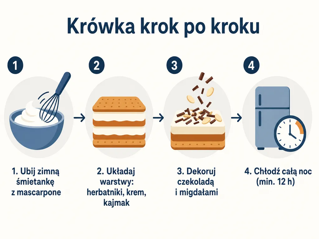 Diagram czterech kroków przygotowania ciasta krówka bez pieczenia: ubijanie kremu, układanie warstw, dekoracja, chłodzenie
