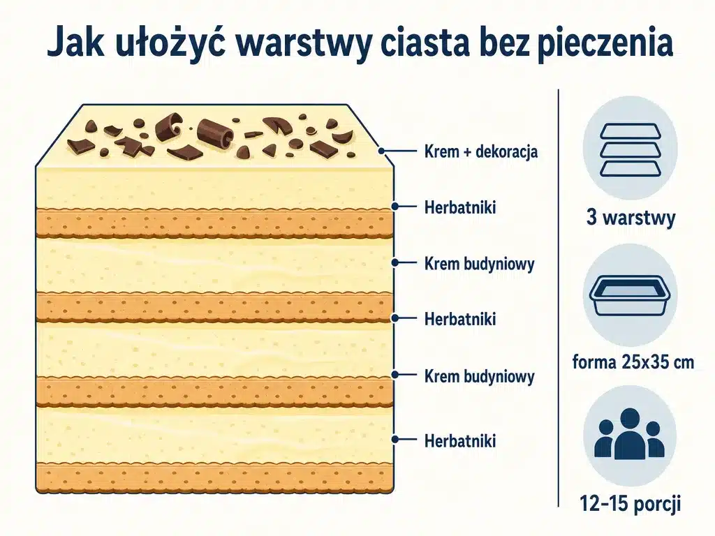 Diagram przekroju ciasta bez pieczenia pokazujący trzy warstwy herbatników i kremu budyniowego