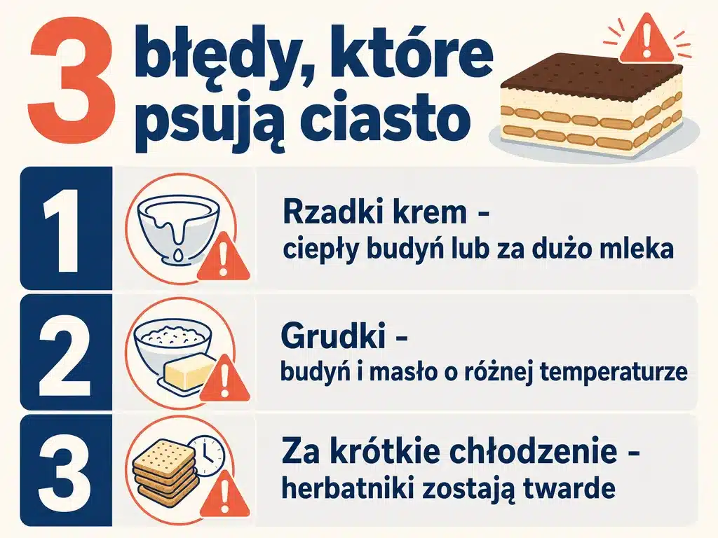 Infografika z trzema najczęstszymi błędami psującymi ciasto bez pieczenia z budyniem