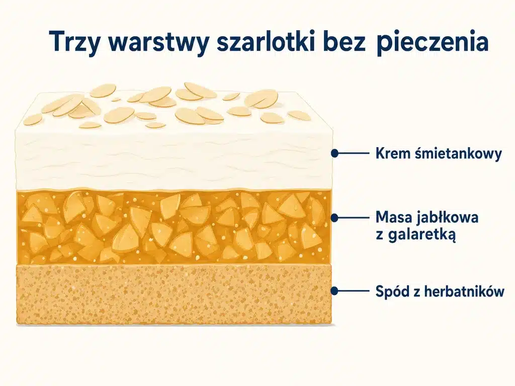Diagram przekroju szarlotki bez pieczenia z trzema warstwami: spód z herbatników, masa jabłkowa z galaretką i krem śmietankowy