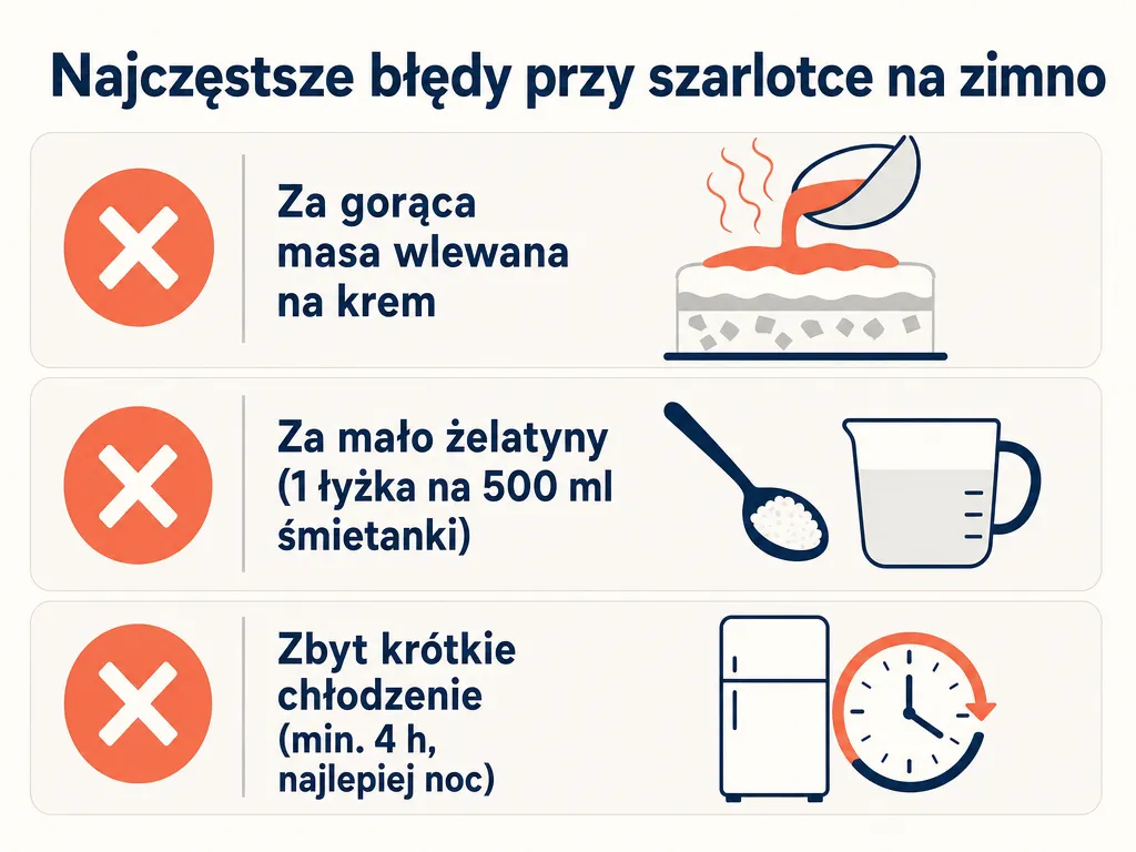 Infografika trzech najczęstszych błędów przy szarlotce bez pieczenia: za gorąca masa, za mało żelatyny, za krótkie chłodzenie