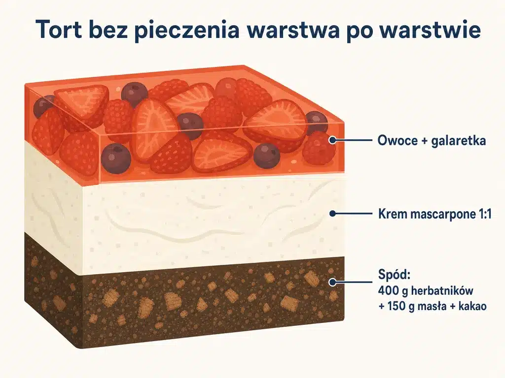 Diagram przekroju tortu bez pieczenia z trzema warstwami: spód z herbatników, krem mascarpone i owoce z galaretką