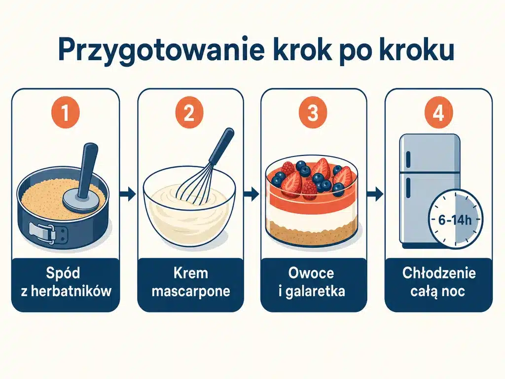 Flowchart czterech kroków przygotowania tortu bez pieczenia: spód, krem, owoce i galaretka, chłodzenie