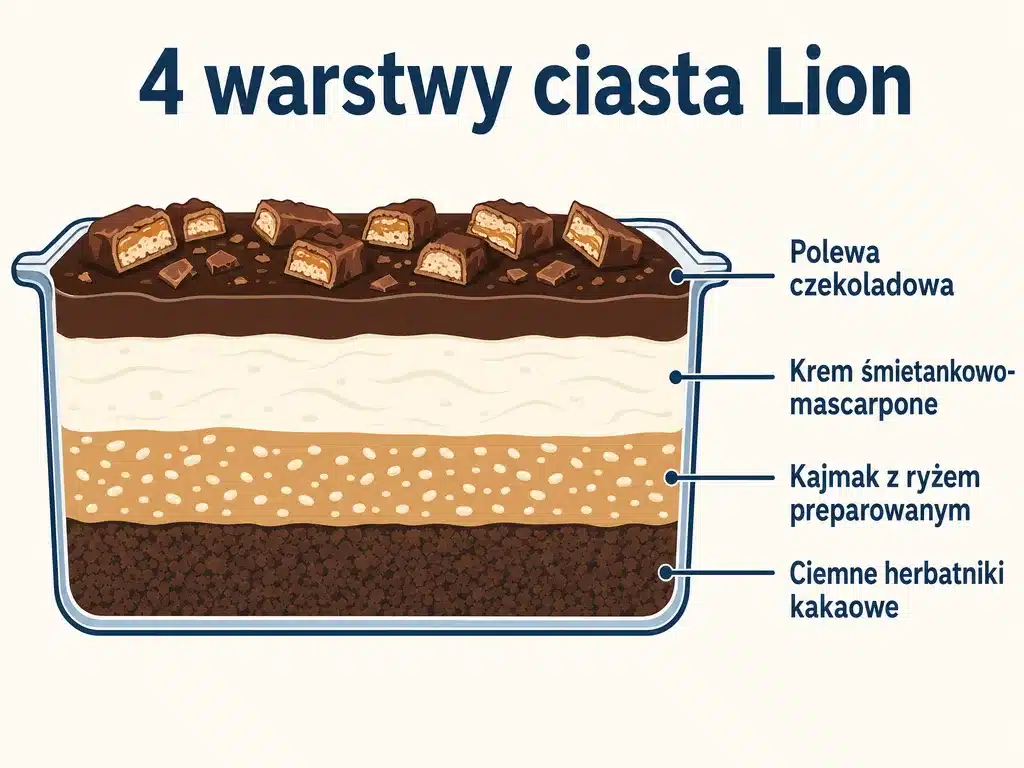 Diagram przekroju ciasta Lion bez pieczenia z czterema warstwami: herbatniki, kajmak z ryżem, krem mascarpone i polewa czekoladowa