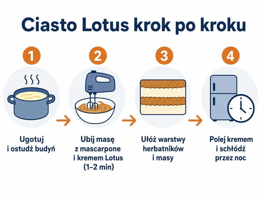 Diagram czterech kroków przygotowania ciasta Lotus bez pieczenia: budyń, masa, warstwy, polewa i chłodzenie