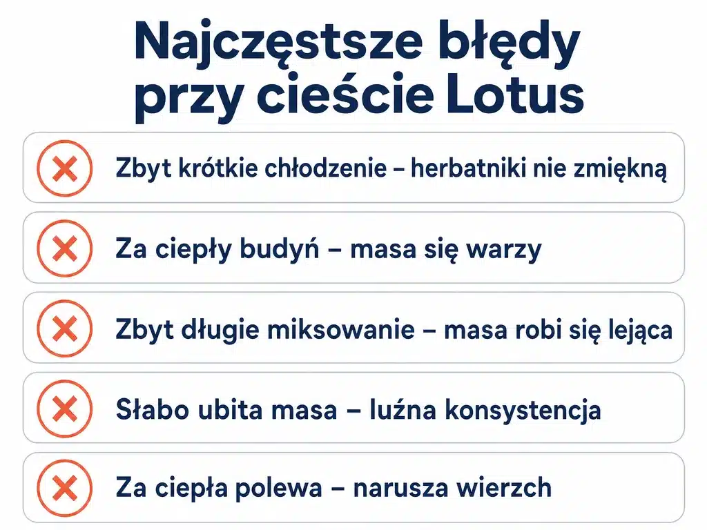 Infografika z pięcioma najczęstszymi błędami przy przygotowaniu ciasta Lotus bez pieczenia
