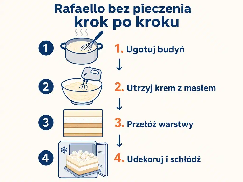 Diagram czterech kroków przygotowania Rafaello bez pieczenia: budyń, krem, warstwy, dekoracja i chłodzenie