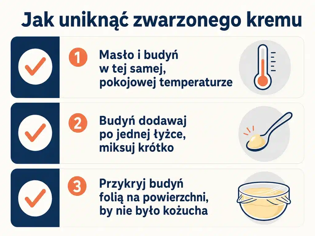 Infografika z trzema wskazówkami, jak uniknąć zwarzenia kremu budyniowego do Rafaello