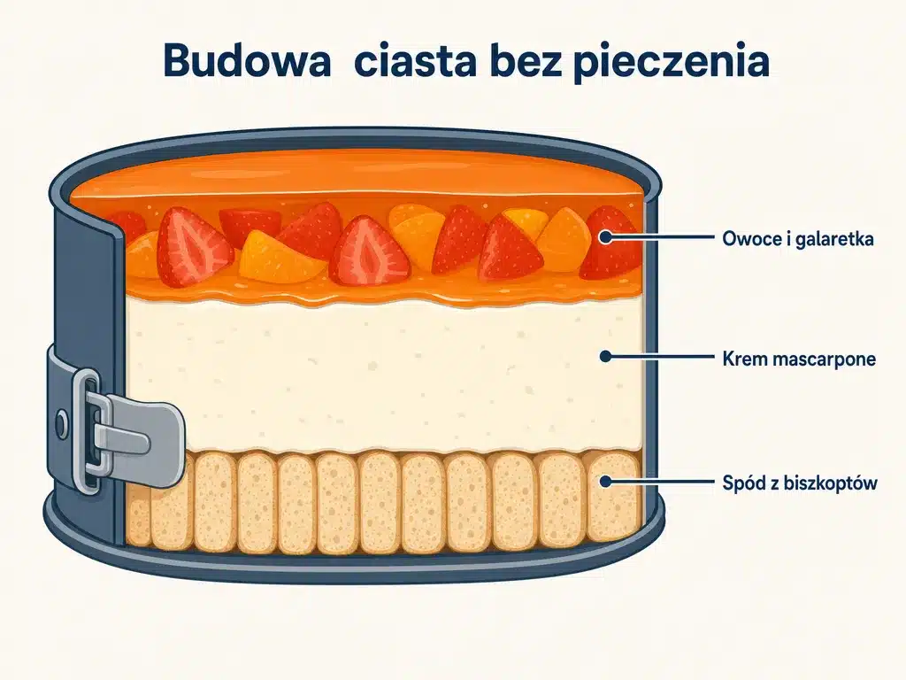 Diagram przekroju ciasta bez pieczenia z trzema warstwami: spód z biszkoptów, krem mascarpone i warstwa owocowo-galaretkowa