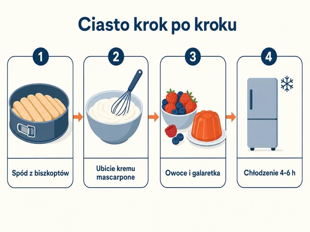 Infografika przedstawiająca cztery kroki przygotowania ciasta bez pieczenia: spód, krem, owoce z galaretką i chłodzenie