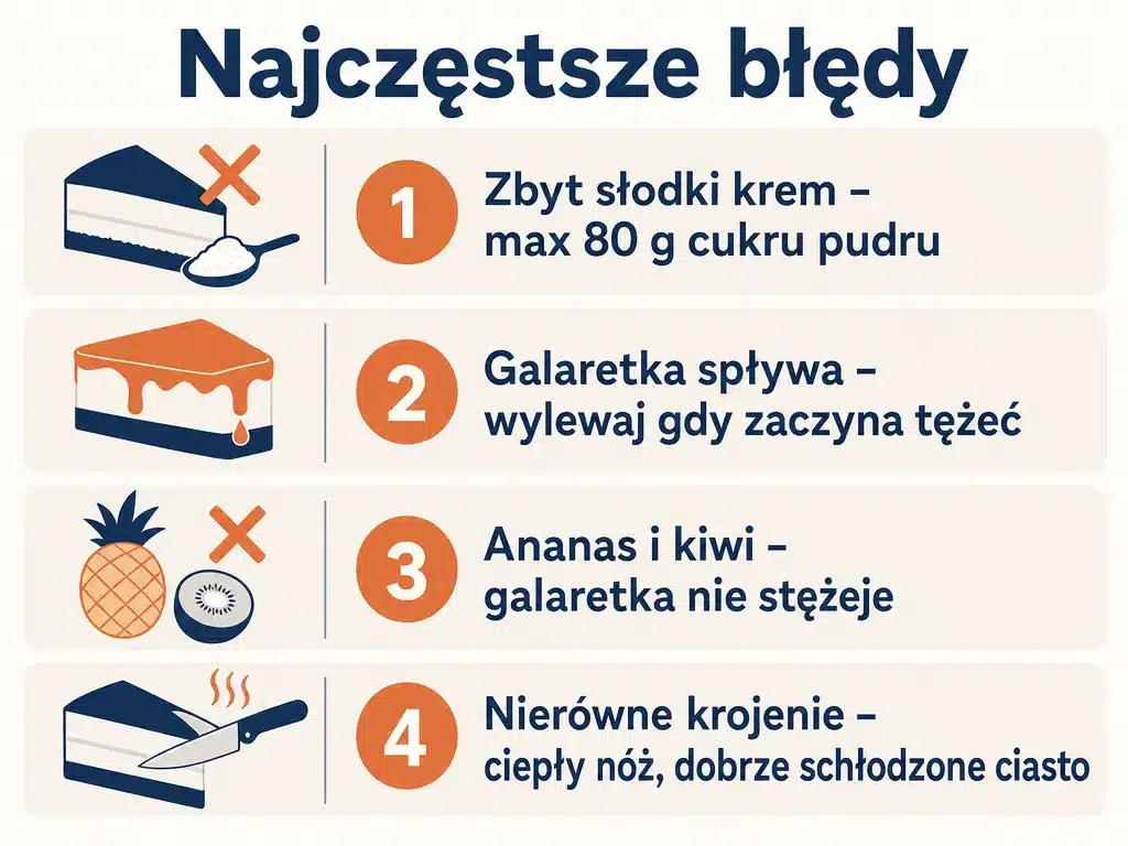 Infografika z listą najczęstszych błędów przy cieście bez pieczenia i sposobami ich uniknięcia