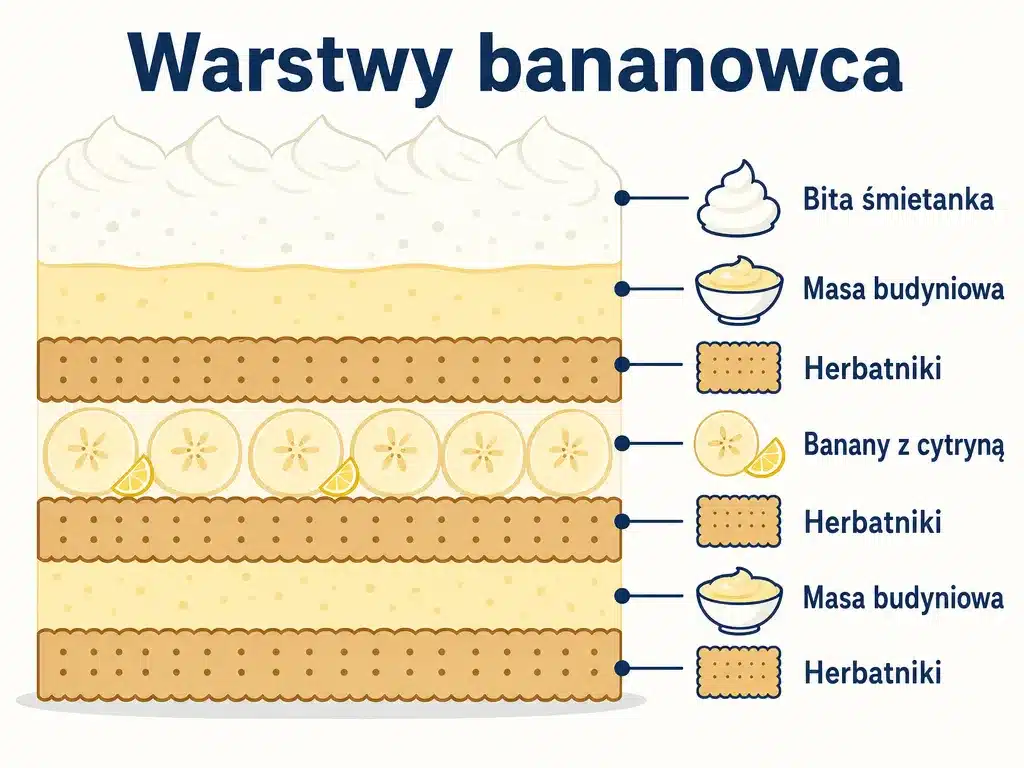 Infografika pokazująca przekrój warstw ciasta bananowego bez pieczenia: herbatniki, masa budyniowa, banany, śmietanka
