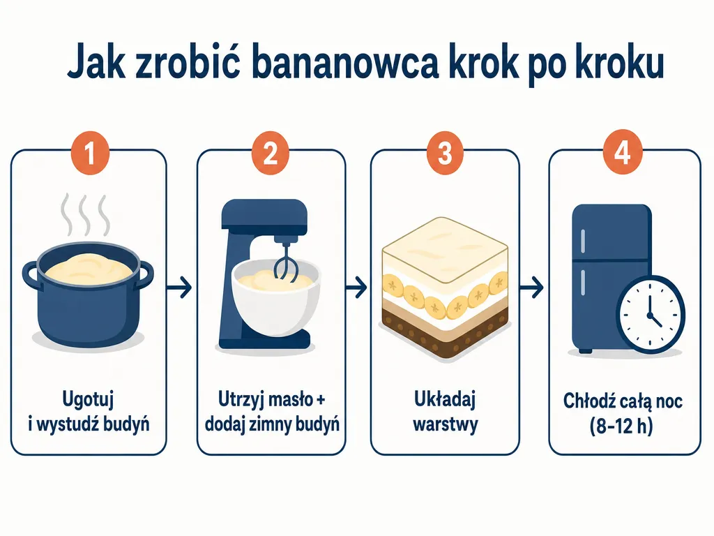 Diagram czterech kroków przygotowania ciasta bananowego: gotowanie budyniu, masa z masłem, układanie warstw, chłodzenie